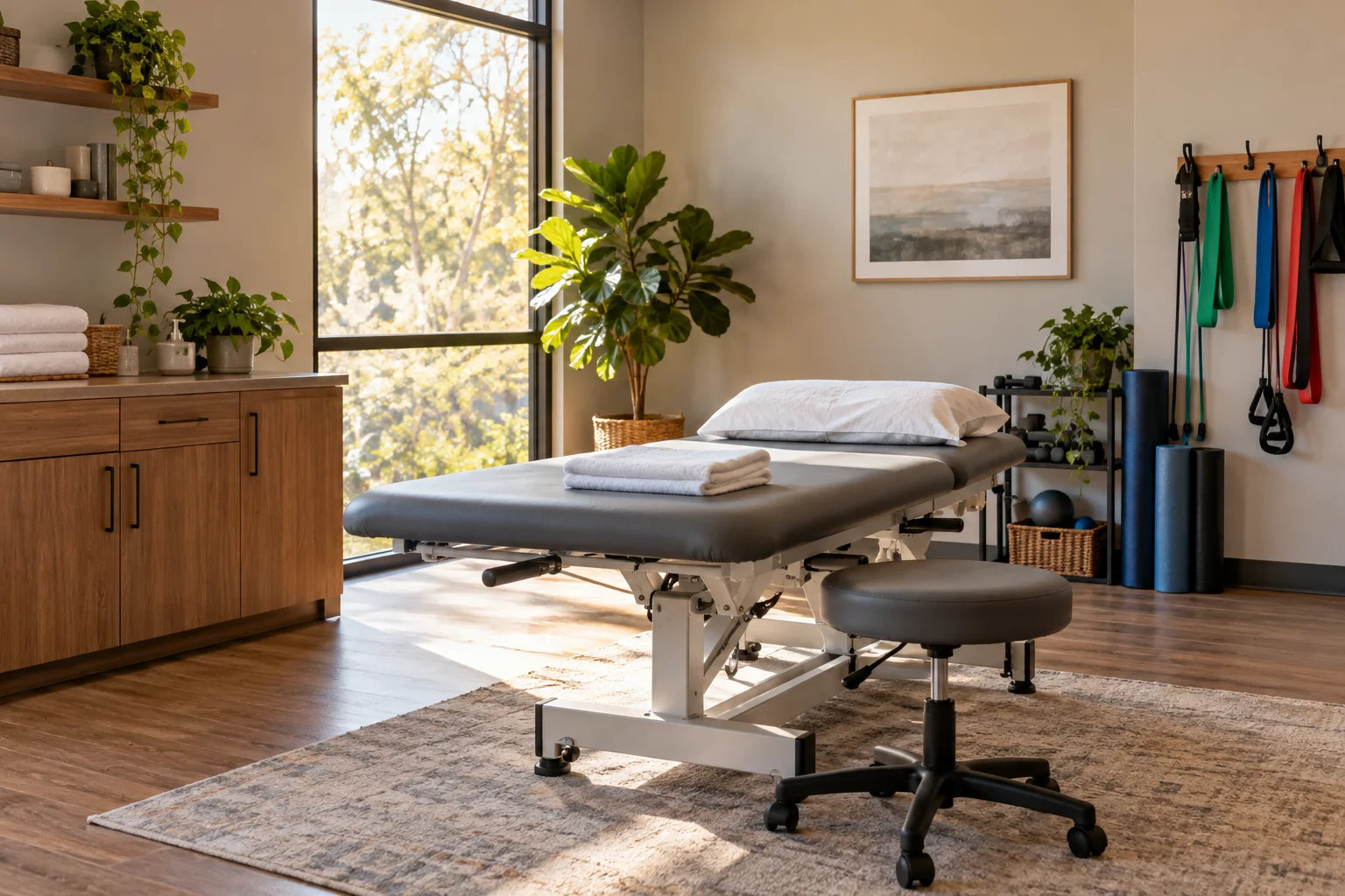 AI-created illustration of a calm physical therapy consultation room.