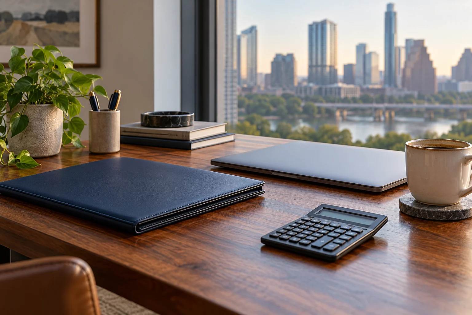 AI-created editorial illustration: A refined small-business planning desk with a closed navy document folder, compact calculator, laptop with its lid closed and a ceramic coffee cup, cool window light and realistic textures.