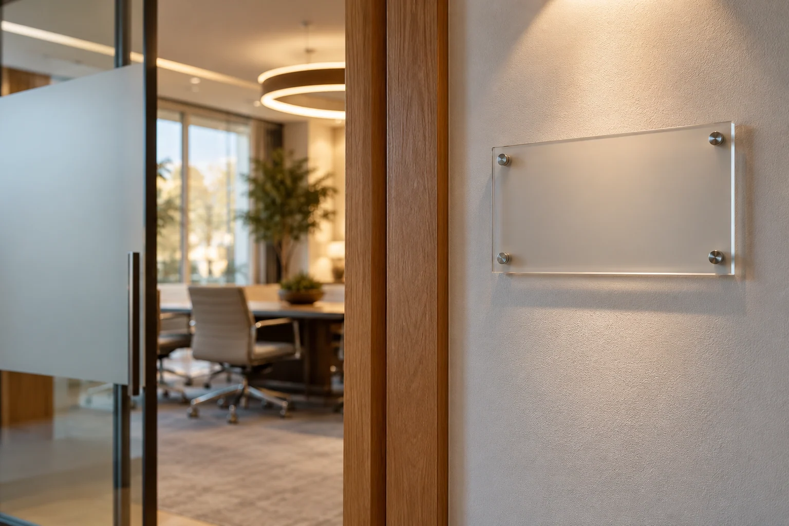 AI-created editorial illustration: A sleek blank acrylic office wayfinding plaque mounted beside an oak doorway, frosted glass and soft wall lighting, premium commercial interior photography.
