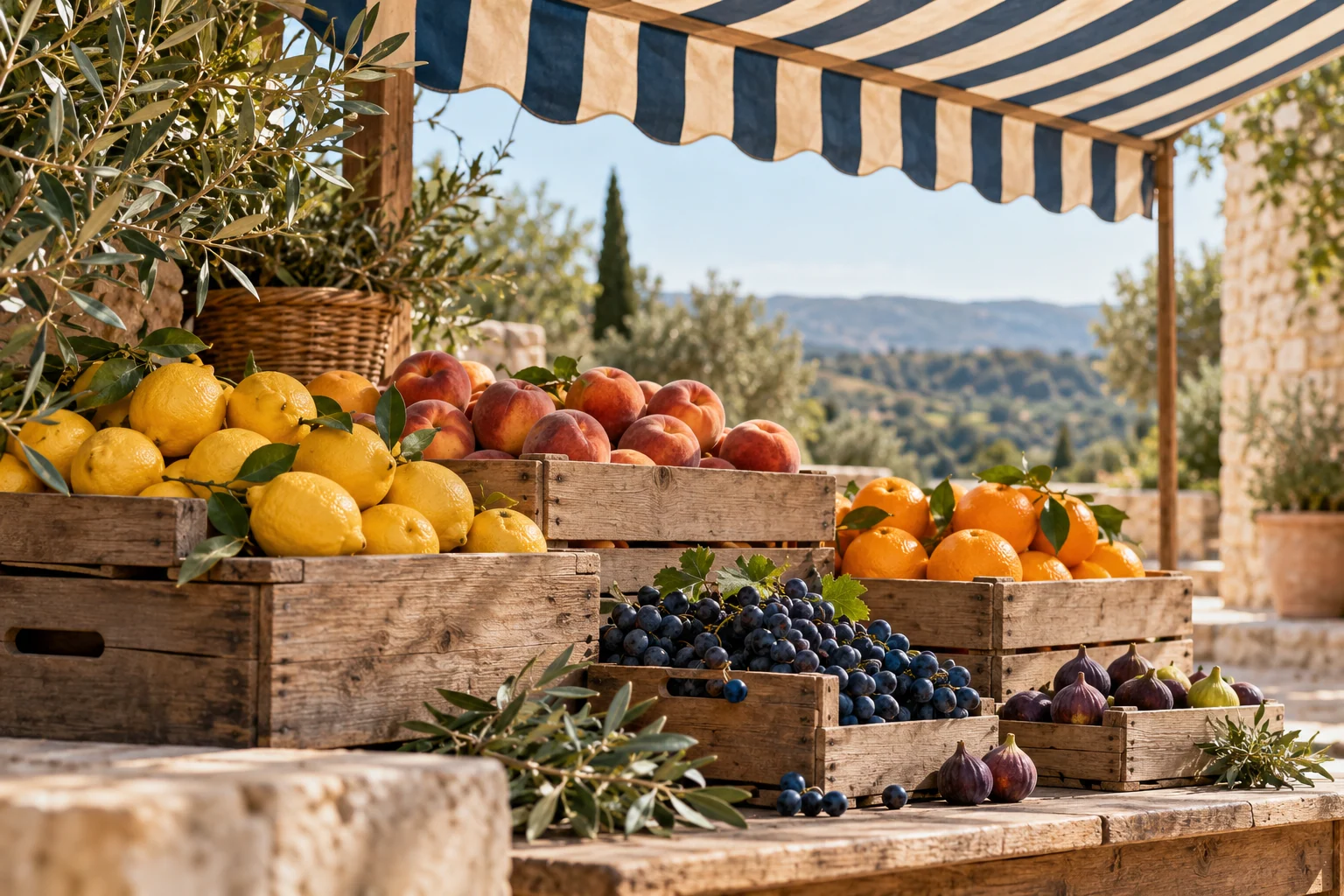 AI-created editorial illustration: A seasonal market stall still life with fresh fruit, plain wooden crates and a beautiful fabric awning, no signs or vendors.